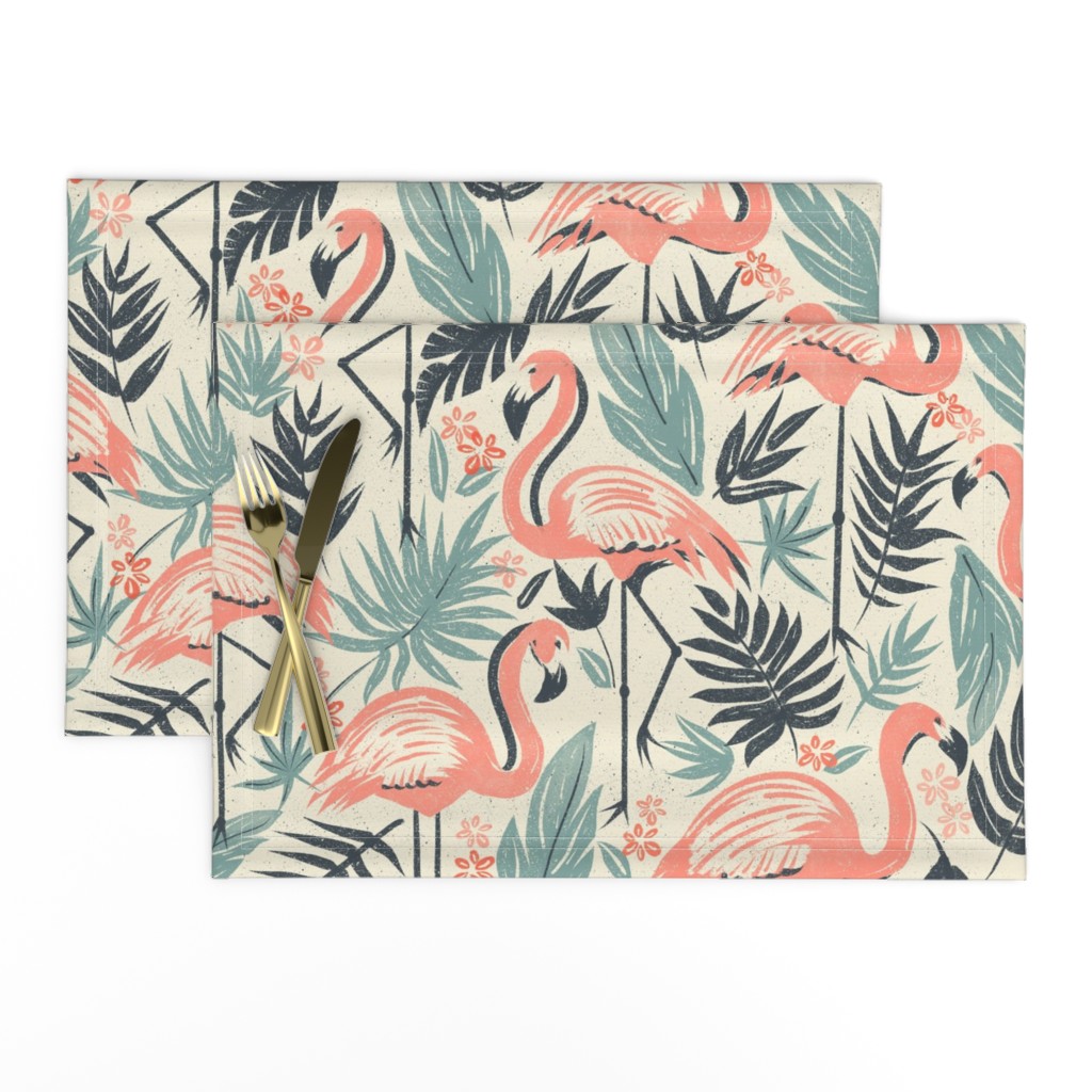 Flamingo Fiesta Large - block print flamingoes wallpaper - retro tropical wall accent - summer exotic decor