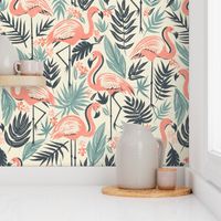 Flamingo Fiesta Large - block print flamingoes wallpaper - retro tropical wall accent - summer exotic decor