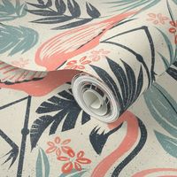 Flamingo Fiesta Large - block print flamingoes wallpaper - retro tropical wall accent - summer exotic decor