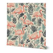 Flamingo Fiesta Large - block print flamingoes wallpaper - retro tropical wall accent - summer exotic decor