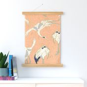 Japandi Cranes | cream and gold + turquoise on peach fuzz Pantone 2024 peach salmon pink Japanese chinoiserie birds ocean waves texture | jumbo