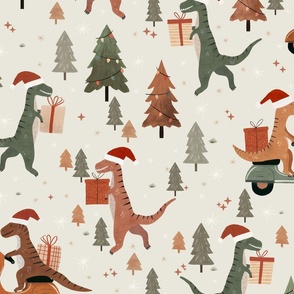 Christmas Dino  - Santa T-rex deliver christmas presents L