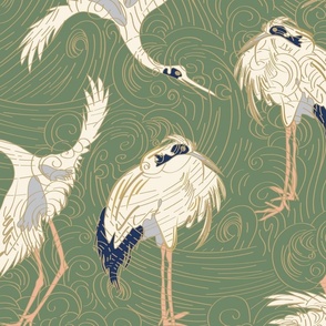 Japandi Cranes | cream and gold  on mid sage green moss khaki gold waves | Japanese chinoiserie birds ocean waves texture | jumbo