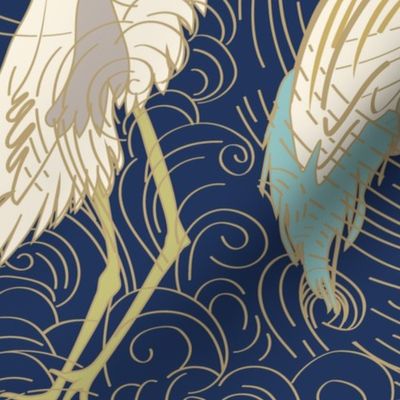 Japandi Cranes | cream and gold  on vibrant navy blue / captain blue Japanese chinoiserie birds ocean waves texture | jumbo