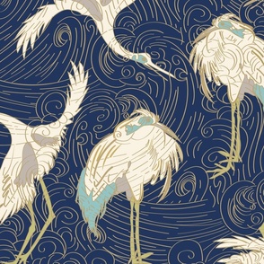 Japandi Cranes | cream and gold  on vibrant navy blue / captain blue Japanese chinoiserie birds ocean waves texture | jumbo