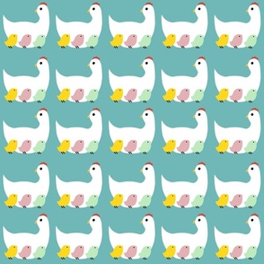 Hen and peepy chicks in pastel colors on aqua blue background