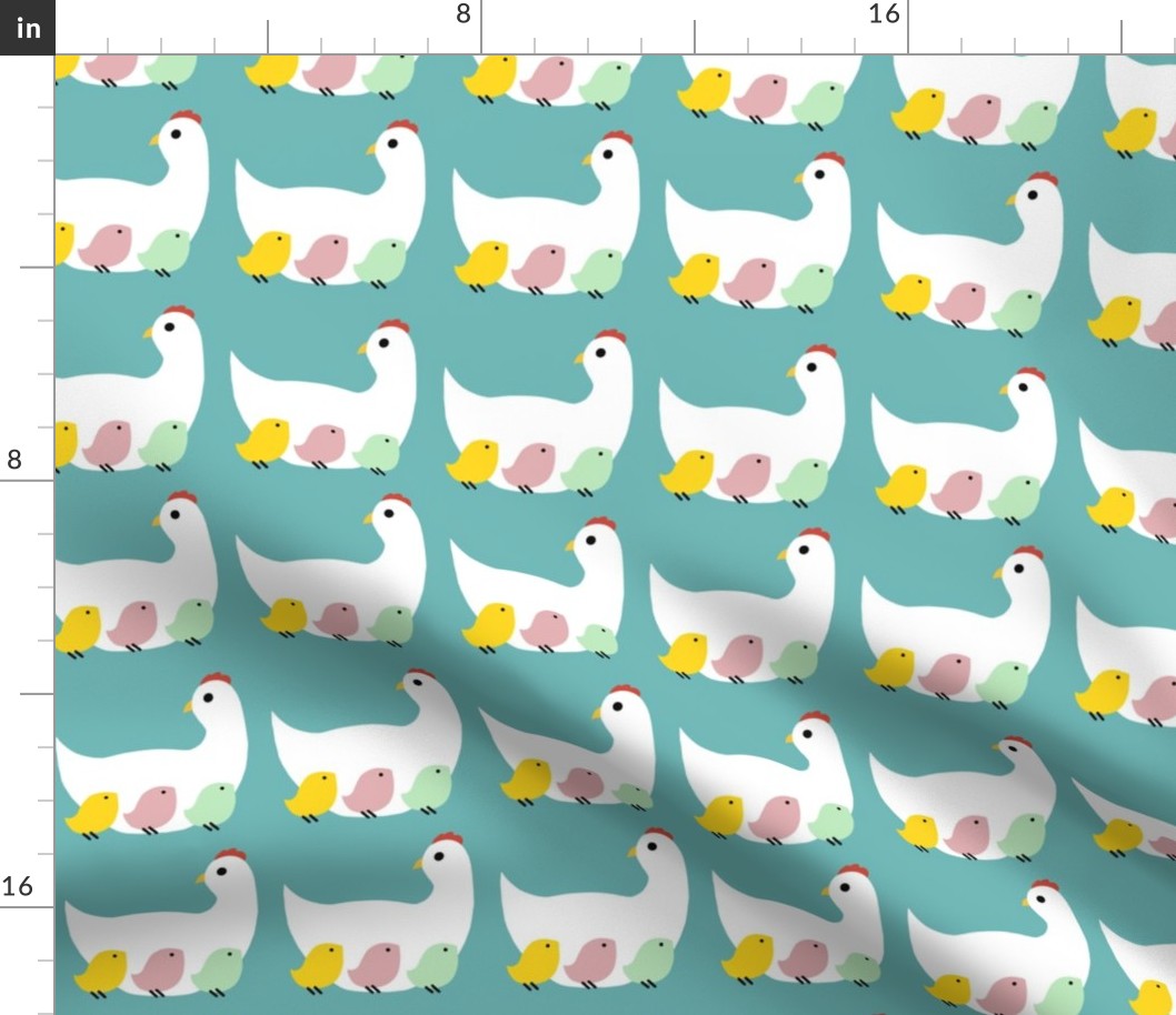 Hen and peepy chicks in pastel colors on aqua blue background