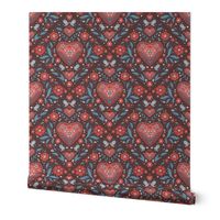 Red Damask  Hearts-12" repeat