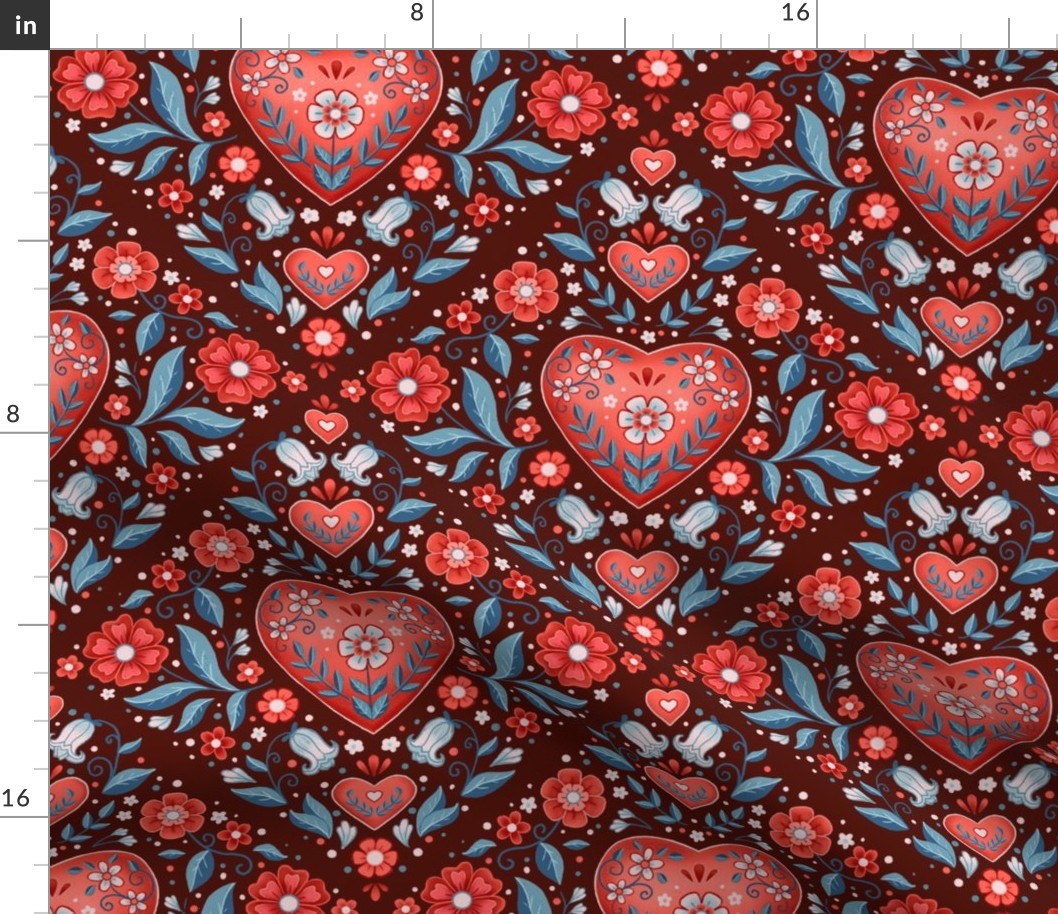 Red Damask  Hearts-12" repeat