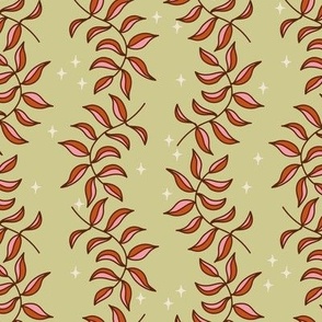 Cinnamon brown and Pink leaves with sparkles on Moss light green Medium scale