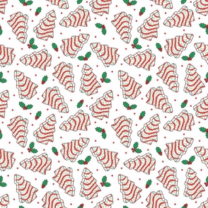 Christmas Tree Cakes (small), Christmas Cakes, Christmas Treats Sweets Sprinkles, Holly, Christmas Fabric – White, Red, and Green