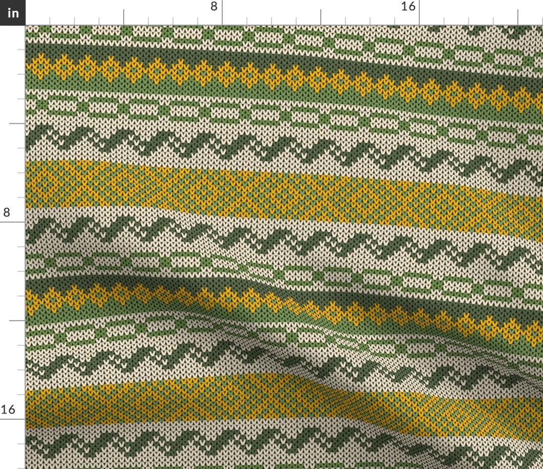 Six Fair Isle Bands in Forest Green and Gold on Off-White