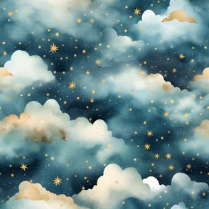 Blue, Gold, White Clouds & Stars - large
