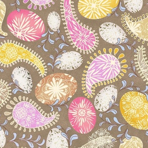 easter eggs spring paisley folk Polish Ukrainian pysanki non-directional | pink yellow pale blue neutral tan taupe  rustic texture |  jumbo + oversized