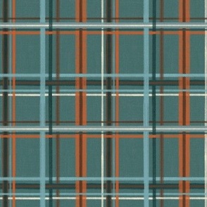 4” rpt- Hygge Holiday Plaid with Red, Aqua Blue, Teal Green, Brown, & White on a deep teal background. Additional sizes and colors available. 