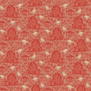 Cottage and Boathouse  Modern Toile - Red and Cream on Pink
