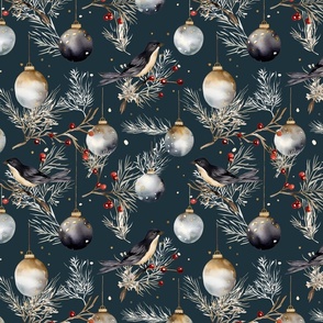 Birdsong and Bauble Bliss – on Midnight Teal Wallpaper – New 