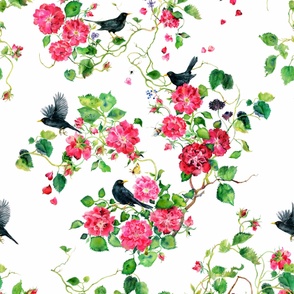 hand painted rambling roses and blackbirds big scale