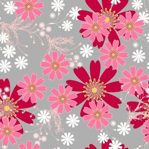 Red mod floral on gray