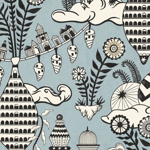 Surreal city in the sky - with folk flowers - black and cream on dusty sky blue - jumbo