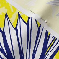 (L) Luminescent yellow and navy / white fan palms, bedding wallpaper