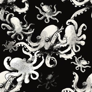 Black and White Deep Sea Octopuses Dancing in the Deep Sea MEDIUM 8in