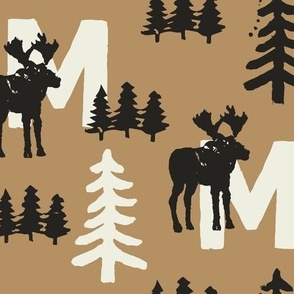 Woodland Forest "M" Moose Block Print in Black Brown White / Small Scale