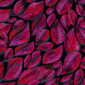 Autumnal Blanket of Veined Leaves, Warm Red, Pink and Magenta BIG 48 in