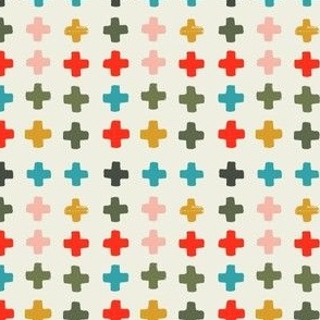 Mini Ivory Swiss Cross with Red, Goldenrod, Aqua, and Olive Green