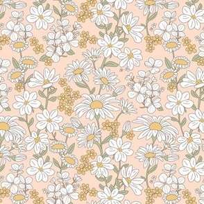A bouquet of wildflowers - spring garden with poppy flowers coneflower and daisies vintage romantic ochre yellow mist green on blush pastel french palette