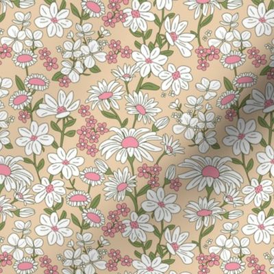 A bouquet of wildflowers - spring garden with poppy flowers coneflower and daisies romantic french palette pink olive green on beige