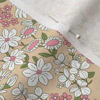 A bouquet of wildflowers - spring garden with poppy flowers coneflower and daisies romantic french palette pink olive green on beige