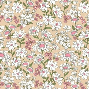 A bouquet of wildflowers - spring garden with poppy flowers coneflower and daisies romantic french palette pink olive green on beige