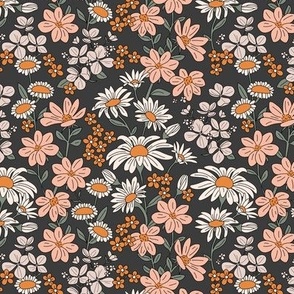 A bouquet of wildflowers - spring garden with poppy flowers coneflower and daisies vintage blush pink orange white on cool charcoal