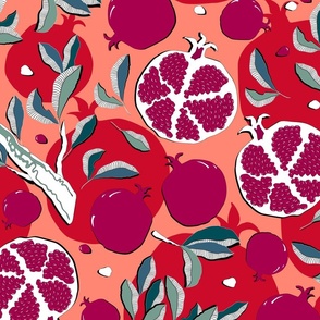 Pomegranate fruits, burgundy fruits on a pink background, large scale 