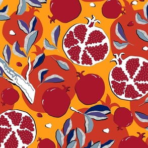Pomegranate fruits, dark red fruits on an orange background, large scale 