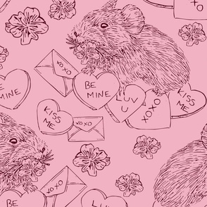 Hand Drawn Vintage Valentines Day Pika Damask Pattern with Flowers and Hearts Large Scale Pink