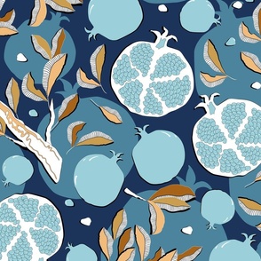 Pomegranate fruits, light blue fruits on a dark blue background, large scale 