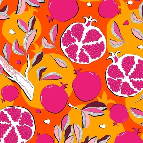 Pomegranate fruits, pink fruits on an orange background, large scale 