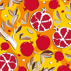 Pomegranate fruits, red fruits on an orange background, large scale