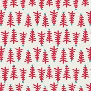 Retro Christmas Trees Block Print in Red, Aqua and Ivory