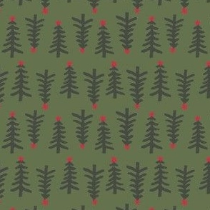 Retro Christmas Trees Block Print in Evergreen and Red 