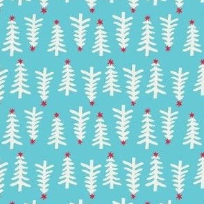 Retro Christmas Trees Block Print in Aqua, Red and Ivory