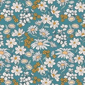 A bouquet of wildflowers - spring garden with poppy flowers coneflower and daisies vintage romantic french palette cream orange mist on teal blue