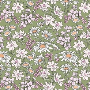 A bouquet of wildflowers - spring garden with poppy flowers coneflower and daisies vintage romantic pink blush white on olive green