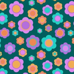 6-Inch, 60’s Style Flowers in Pink, Purple, Aqua, and Orange on Dark Teal
