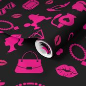 Barbie-Party-on-black-16x16 girls room, hot pink, makeup, dolls