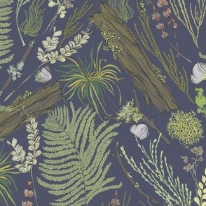 Moss and Fern Forest Small Scale in Midnight Navy, Sage, Celadon Green, Chartreuse, Salmon Pink