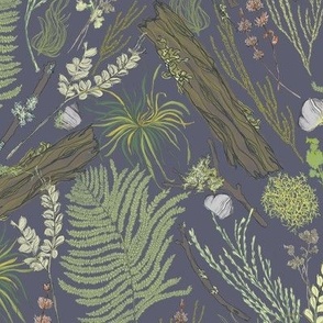 Moss and Fern Forest Small Scale in Light Dusted Navy, Sage, Celadon Green, Chartreuse, Salmon Pink