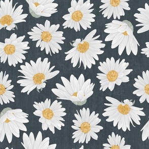 Large Nature Flowers Dotted Daisy Florals on Dark Blue-Gray Textured Background